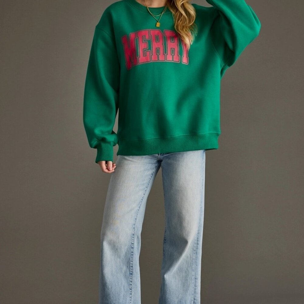 Merry Green Graphic Sweatshirt | Women's Pullover | Christmas Top Festive Style - Picture 4 of 5